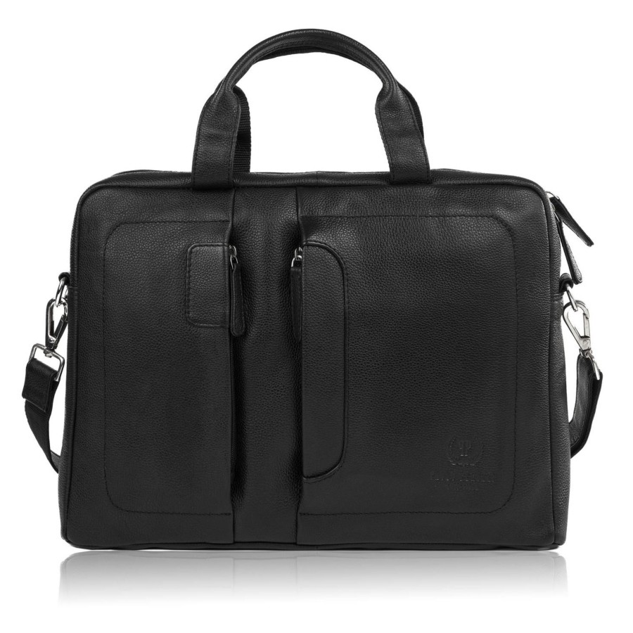 Men's leather shoulder bag for work laptop black Paolo Peruzzi E-26-BL