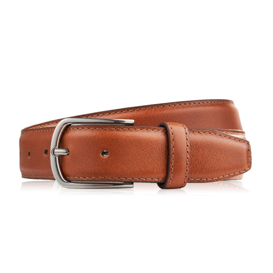 Men's cognac leather belt with classic silver buckle 110 cm Paolo Peruzzi SI-42-CG-110