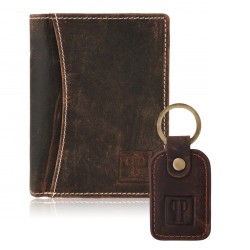 T-13-BR men's leather wallet and T-86-HBR key ring vintage style gift set ZUP-134-BR