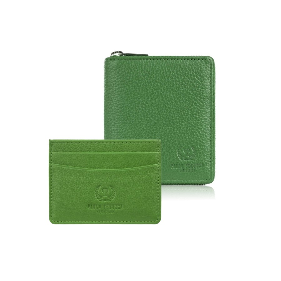 Set cadou pentru ea Portofel verde pentru femei T-139 și portcard din piele T-151 Paolo Peruzzi ZUP-143-GR
