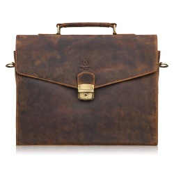 Men's brown leather briefcase for documents briefcase on frame with key vintage Paolo Peruzzi T-146-HBR