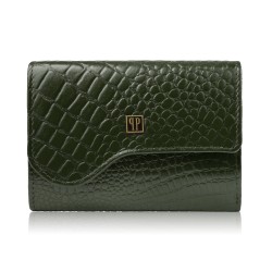 Portfel damski skórzany mały ciemnozielony croco w orientacji poziomej z RFID Paolo Peruzzi T-135-GR