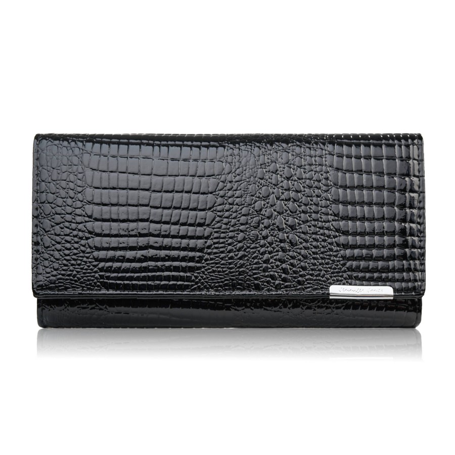 Portfel damski skórzany lakierowany czarny z tłoczeniem croco SP-16-CBL