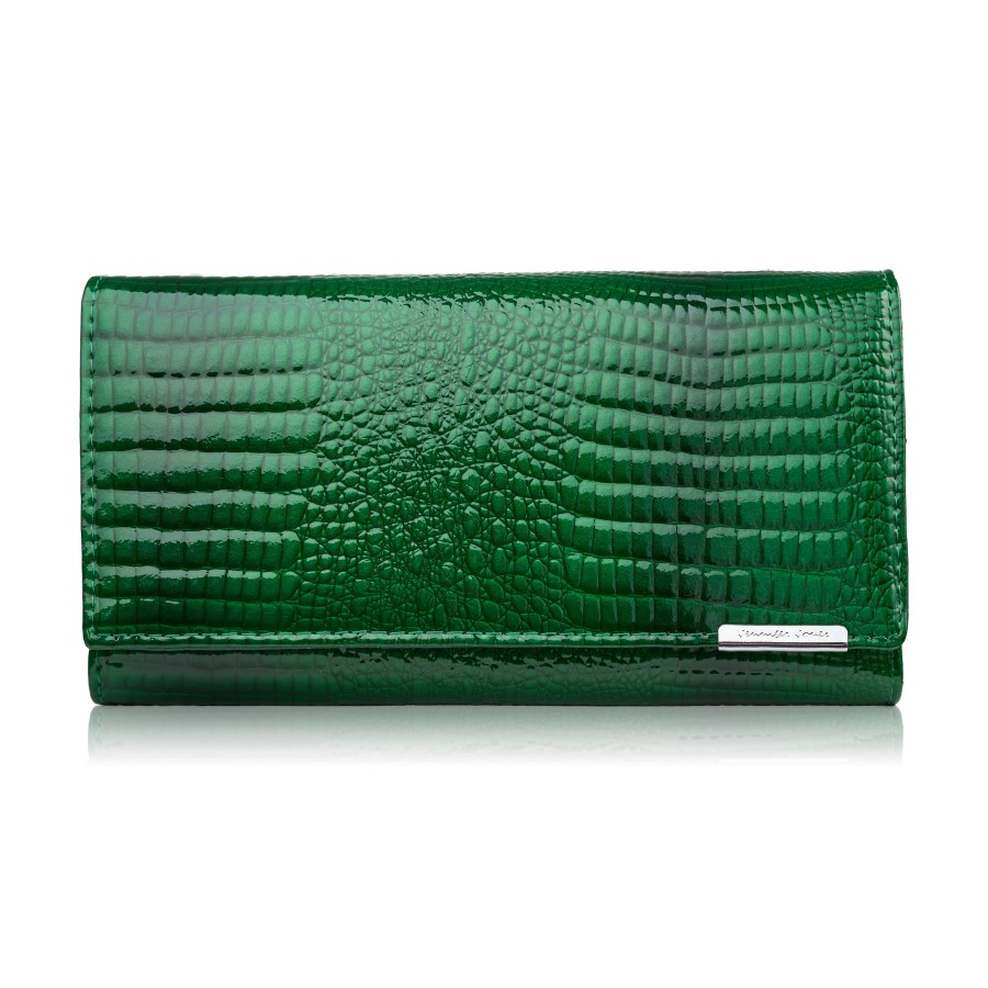 Portfel damski skórzany lakierowany zielony z tłoczeniem croco SP-16-CGRN
