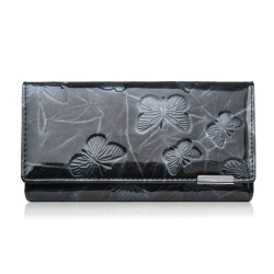 Portfel damski skórzany lakierowany ze wzorem w motyle czarny SP-19-BL