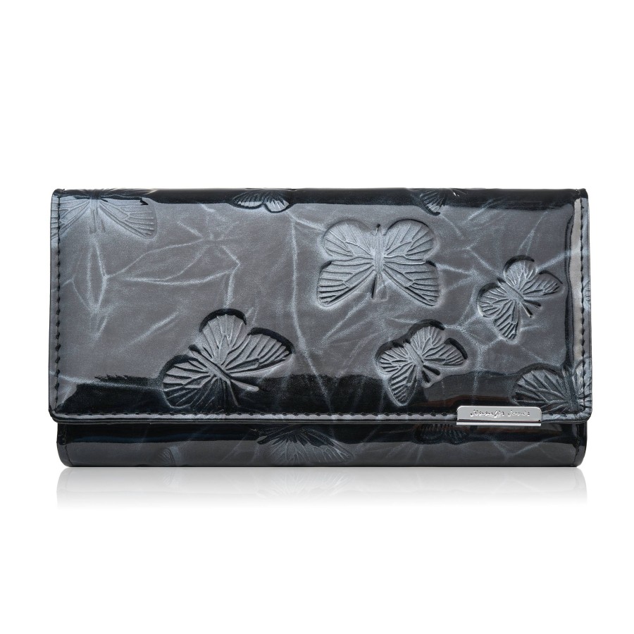 Portfel damski skórzany lakierowany ze wzorem w motyle czarny SP-19-BL