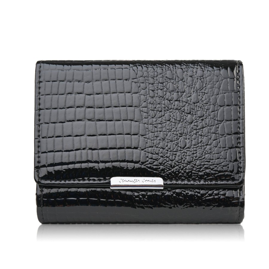 Portfel damski skórzany mały czarny lakierowany croco z ochroną RFID SP-23-CBL