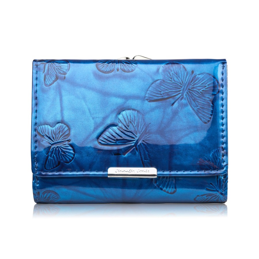 Дамски малък портфейл от лакирана кожа с щампа на пеперуда, син SP-23-DB