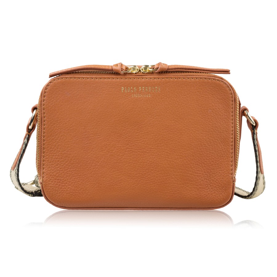 Women's leather shoulder bag postbag fashionable cognac Paolo Peruzzi KV-03-CG