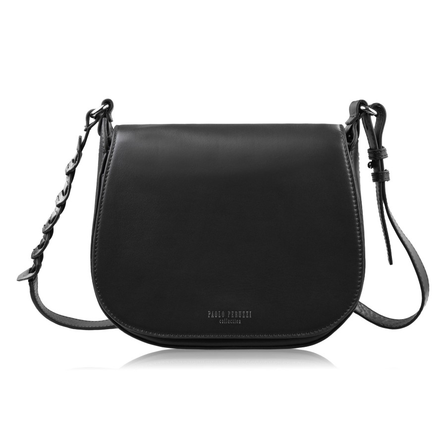 Women's full grain leather letter carrier bag fashionable black Paolo Peruzzi KV-06-BL