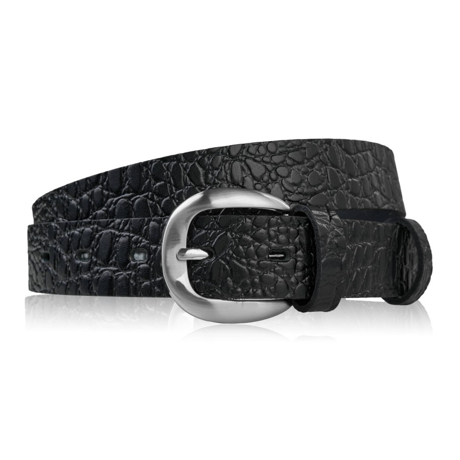 Curea din piele pentru femei 90 cm pentru pantaloni slim negru croco argint cataramă Paolo Peruzzi PG-12-CSBL-90