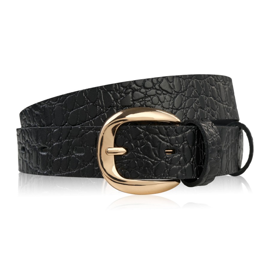 Women's leather belt 100 cm for pants narrow black croco silver buckle Paolo Peruzzi PG-12-CSBL-100