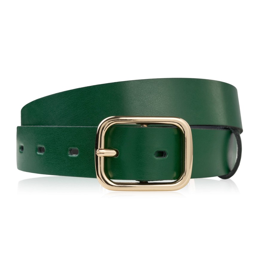 Women's leather belt 90 cm for pants narrow green with gold buckle Paolo Peruzzi PG-11-GZ-90