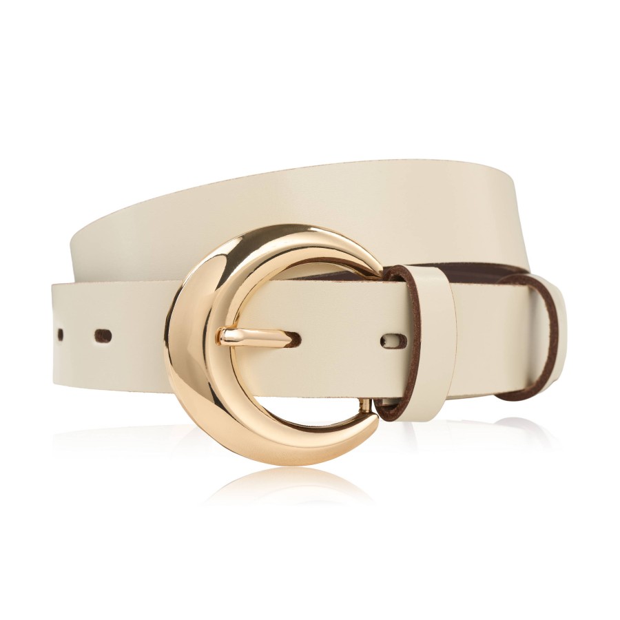 Women's leather belt 90 cm for pants narrow cream face gold buckle PG-13-ECRZ-90