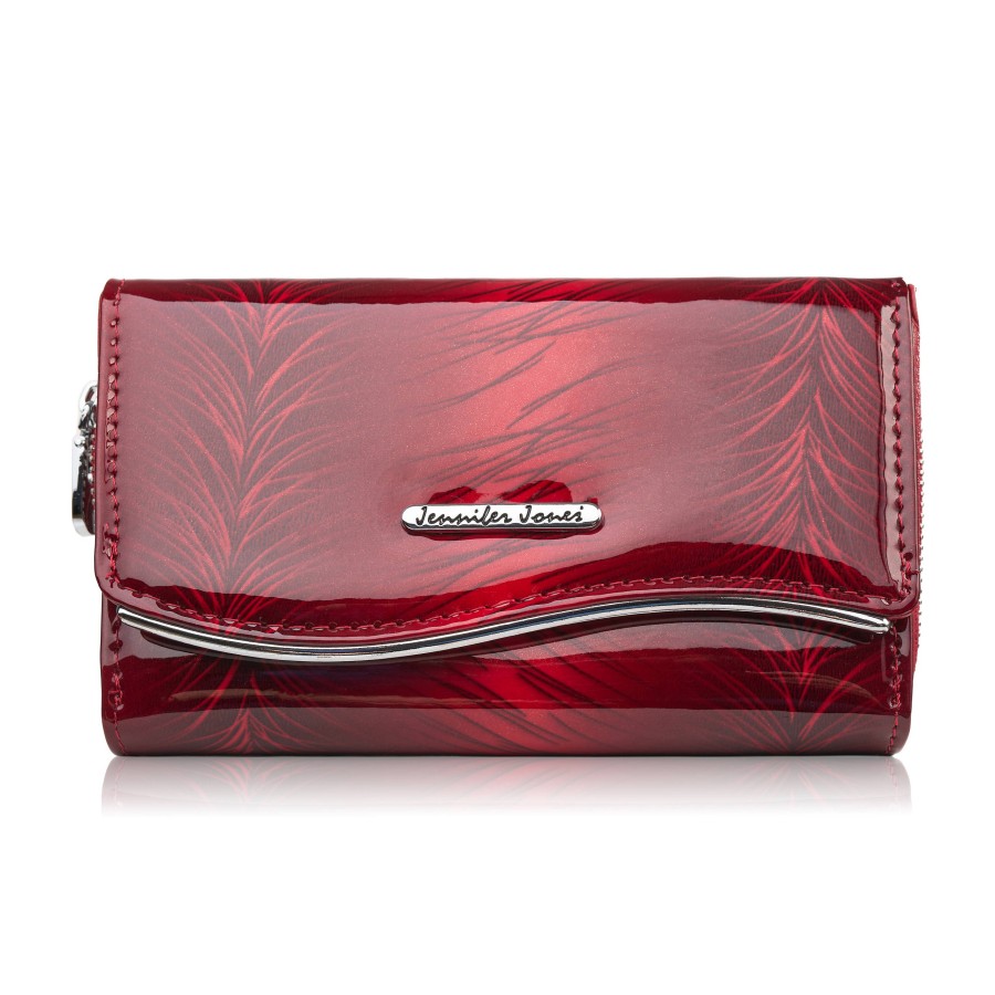 Portfel damski skórzany lakierowany z roślinnym wzorem czerwony SP-24-RD