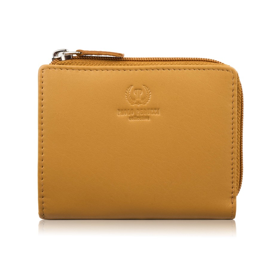 Women's small leather wallet in mustard color horizontal with RFID Paolo Peruzzi SL-06-MNG