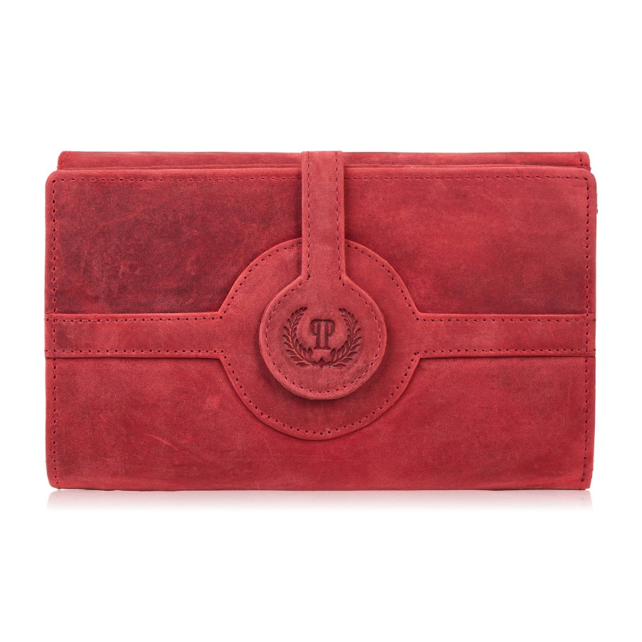 Dámská kožená peněženka červená velká vintage v horizontální orientaci s RFID Paolo Peruzzi T-134-HRD