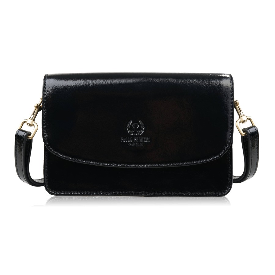 Torebka damska mała skórzana lakierowana czarna kopertówka na ramię do ręki Paolo Peruzzi AY-18-BL