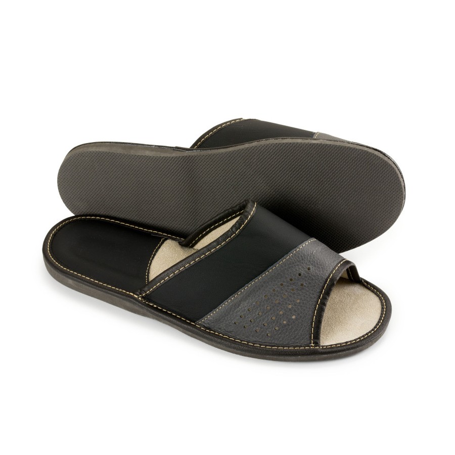 Pantofle męskie R. 41 skóra eko wkładka naturalna domowe odkryte palce KM-21-GR-41