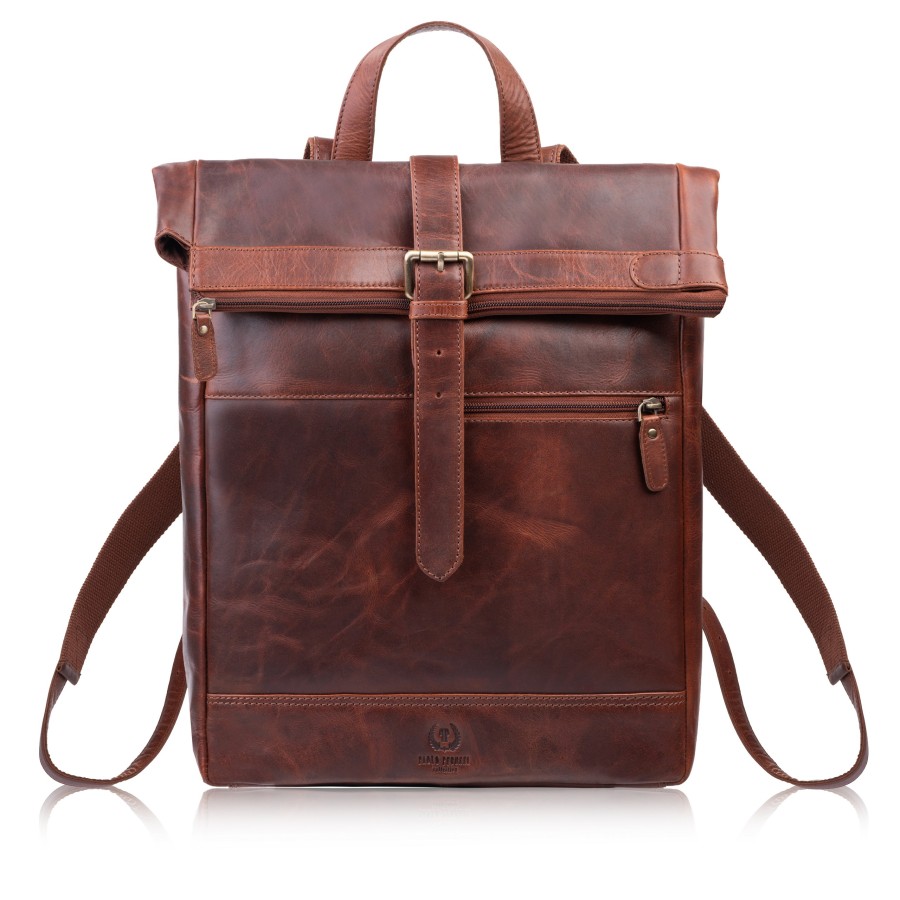 Plecak roll top skórzany vintage na laptopa miejski koniakowy Paolo Peruzzi AY-32-CG