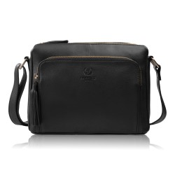 Дамска черна кожена чанта за рамо класическа градска просторна със златен обков Paolo Peruzzi AY-22-BLZ