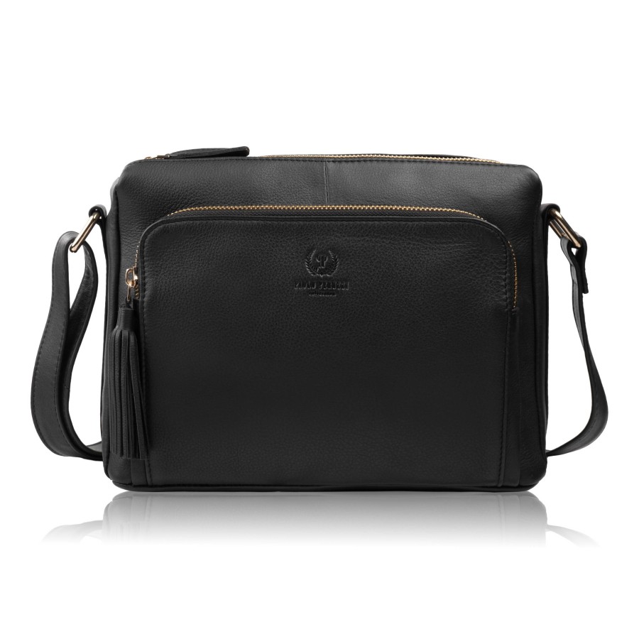 Torebka damska na ramię skórzana czarna klasyczna miejska pojemna ze złotymi okuciami Paolo Peruzzi AY-22-BLZ