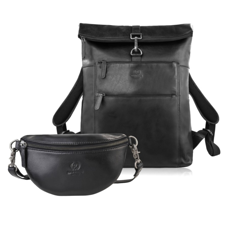 SL-02-BL leather backpack and SL-05-BL women's kidney pouch Paolo Peruzzi gift set ZUP-151-BL