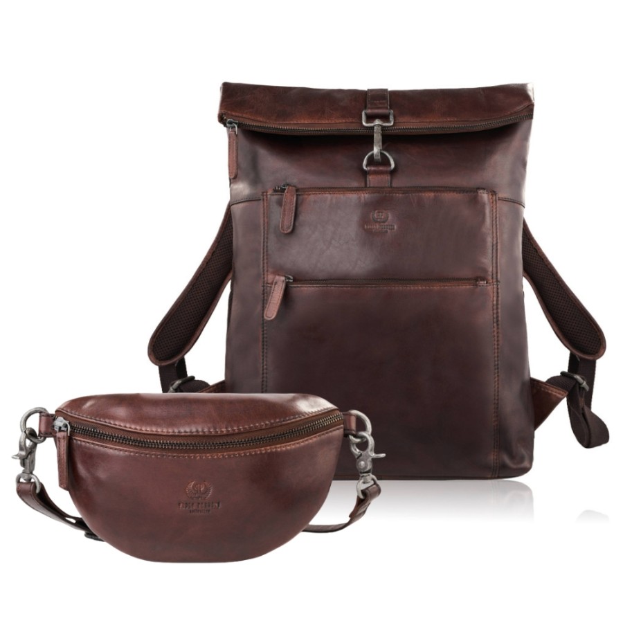 SL-02-BR leather backpack and SL-05-BR women's kidney pouch Paolo Peruzzi gift set ZUP-151-BR