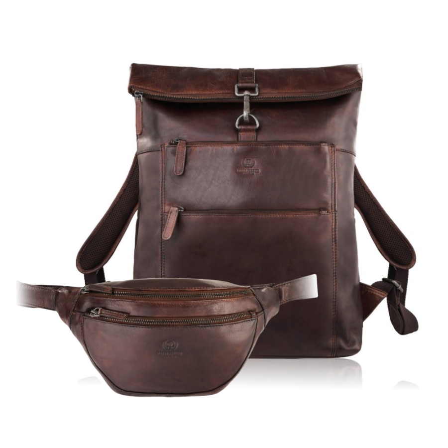 SL-02-BR leather backpack and SL-04-BR men's kidney pouch Paolo Peruzzi gift set ZUP-152-BR