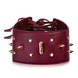 Sessuale skórzana obroża z ćwiekami burgundowa SES-06-BRG