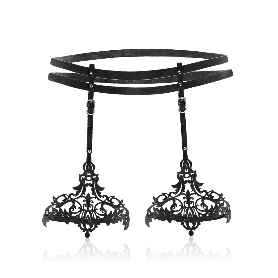 Sessuale skórzany harness na uda i talie zdobiony czarny SES-08-BL