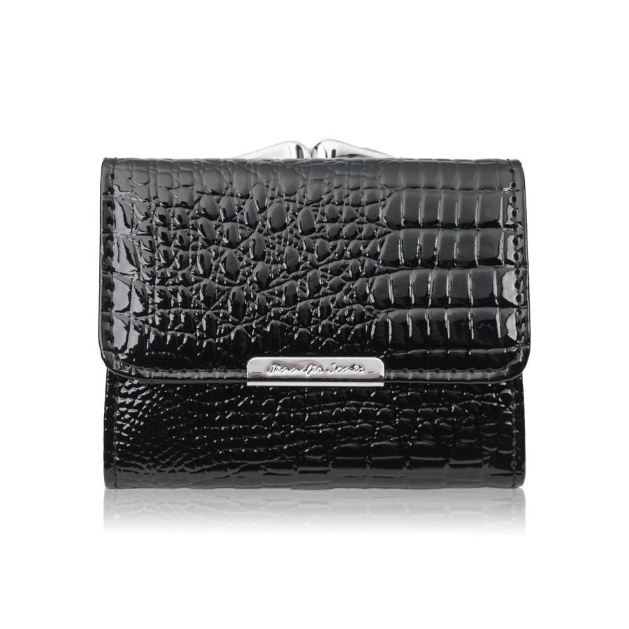 Portfel damski mini skórzany czarny lakierowany z tłoczeniem croco Jennifer Jones SP-28-CBL